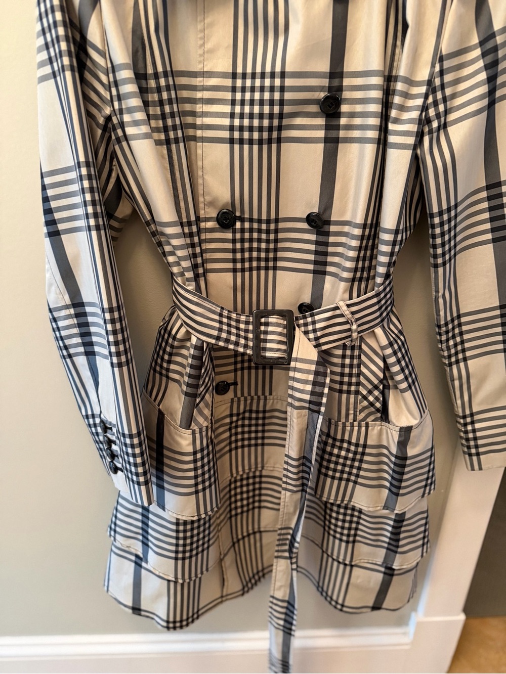 Jessica Black and Cream Plaid Double-Breasted Trench Coat